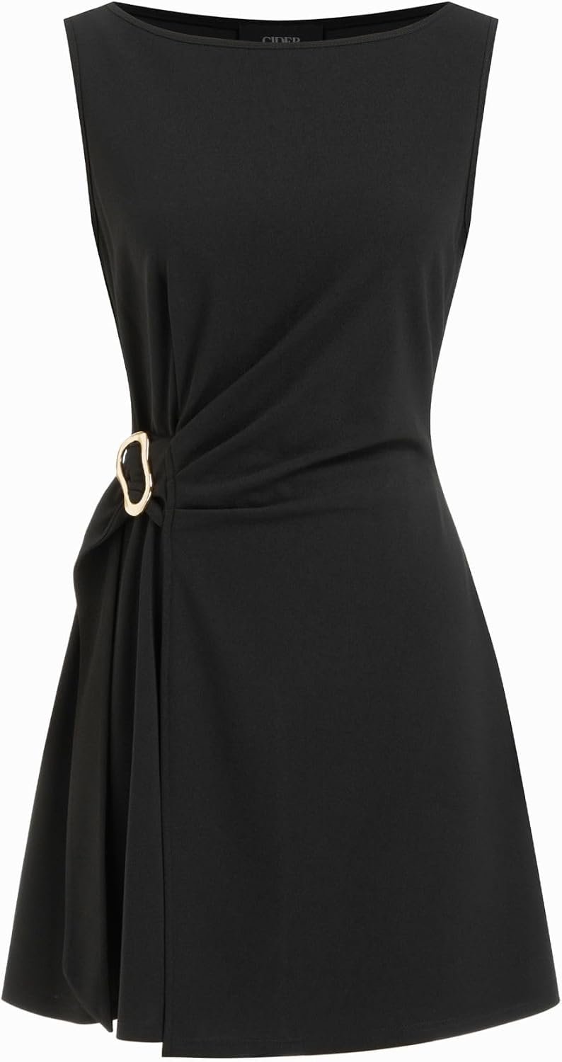 Boat Neck Mini Dress Tie Waist - Women Summer Party Outfit Sleeveless Date Night Evening Look