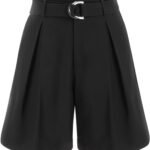Wide Leg Shorts Belted Middle Waist Summer Dressy Casual Business Work Shorts with Pockets Black