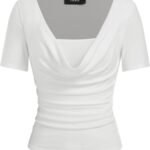 Women's Crop Top Cowl Neck Ruched Lightweight Short Sleeve Fitted Tops Casual Summer Outfits