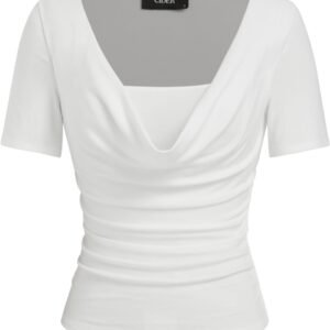 Women's Crop Top Cowl Neck Ruched Lightweight Short Sleeve Fitted Tops Casual Summer Outfits