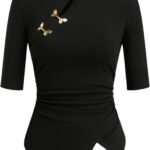 Women's Butterfly Decor Top Elegant Mid Sleeve Asymmetrical Hem Y2K Slim Fit Date Night Going Out Fall Fashion Top