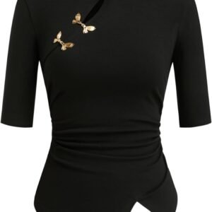 Women's Butterfly Decor Top Elegant Mid Sleeve Asymmetrical Hem Y2K Slim Fit Date Night Going Out Fall Fashion Top