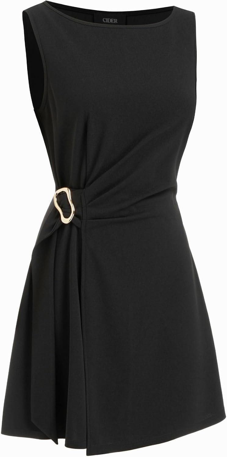 Boat Neck Mini Dress Tie Waist - Women Summer Party Outfit Sleeveless Date Night Evening Look - Image 3