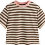 Women Stripe Crop Boxy Top Oversized Summer Crew Neck T-Shirt Cotton-Blend Short Sleeve Tee
