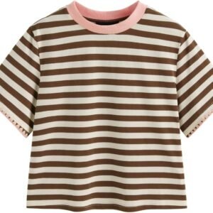Women Stripe Crop Boxy Top Oversized Summer Crew Neck T-Shirt Cotton-Blend Short Sleeve Tee