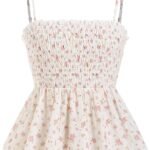 Tank Tops for Women Spaghetti Strap Floral Print Ruffle Smocking Lace Trim Peplum Top Boho Summer Casual Wear
