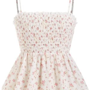 Tank Tops for Women Spaghetti Strap Floral Print Ruffle Smocking Lace Trim Peplum Top Boho Summer Casual Wear
