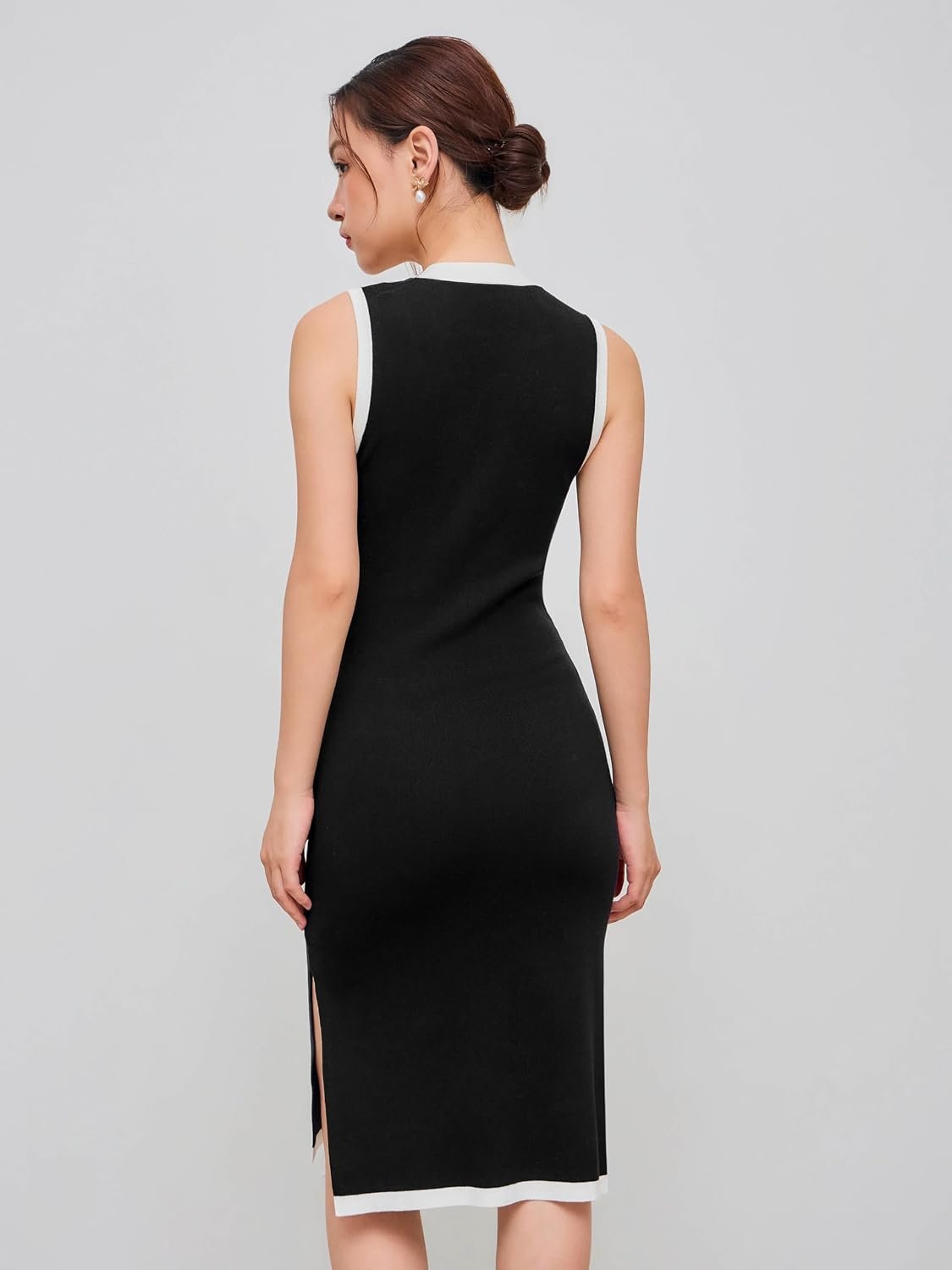 Sweater Dress for Women Knit V Neck Knotted Button Sleeveless Split Hem Midi Dresses Business Casual Outfits - Image 5