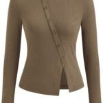 Women's Long Sleeve Tops Button Going Out Tops Trendy Split Hem Solid Shirts Casual Fall Outfits