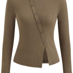 Women's Long Sleeve Tops Button Going Out Tops Trendy Split Hem Solid Shirts Casual Fall Outfits