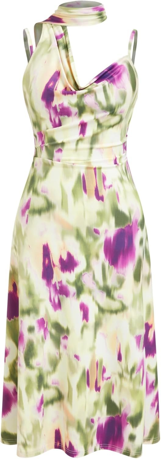 Womens Dresses Floral Spaghetti Strap Cowl Neck Sleeveless Maxi Sun Dress Wedding Guest Party Vacation Outfits