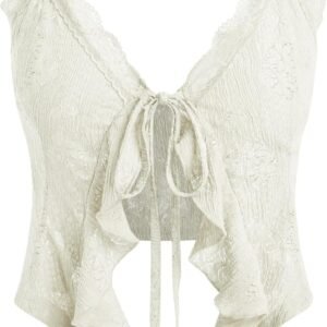 Going Out Tops for Women Y2K Tie Front Asymmetrical Ruffle Hem Lace Spaghetti Strap Cowgirl Crop Tops