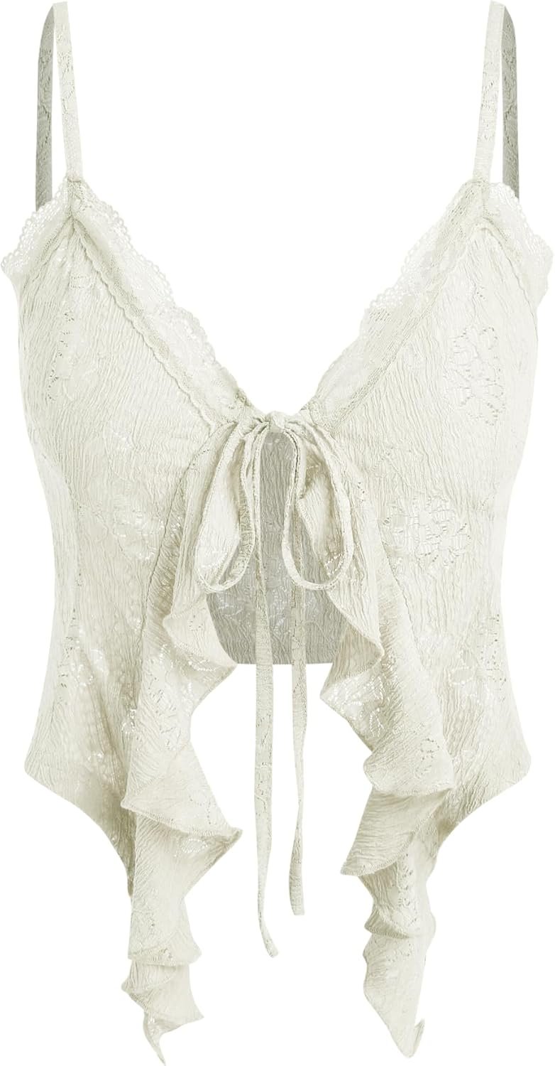 Going Out Tops for Women Y2K Tie Front Asymmetrical Ruffle Hem Lace Spaghetti Strap Cowgirl Crop Tops