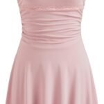 Womens Mini Dress Cute Spaghetti Strap Lace Trim Ruched A Line Flowy Mini Dresses