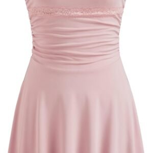 Womens Mini Dress Cute Spaghetti Strap Lace Trim Ruched A Line Flowy Mini Dresses