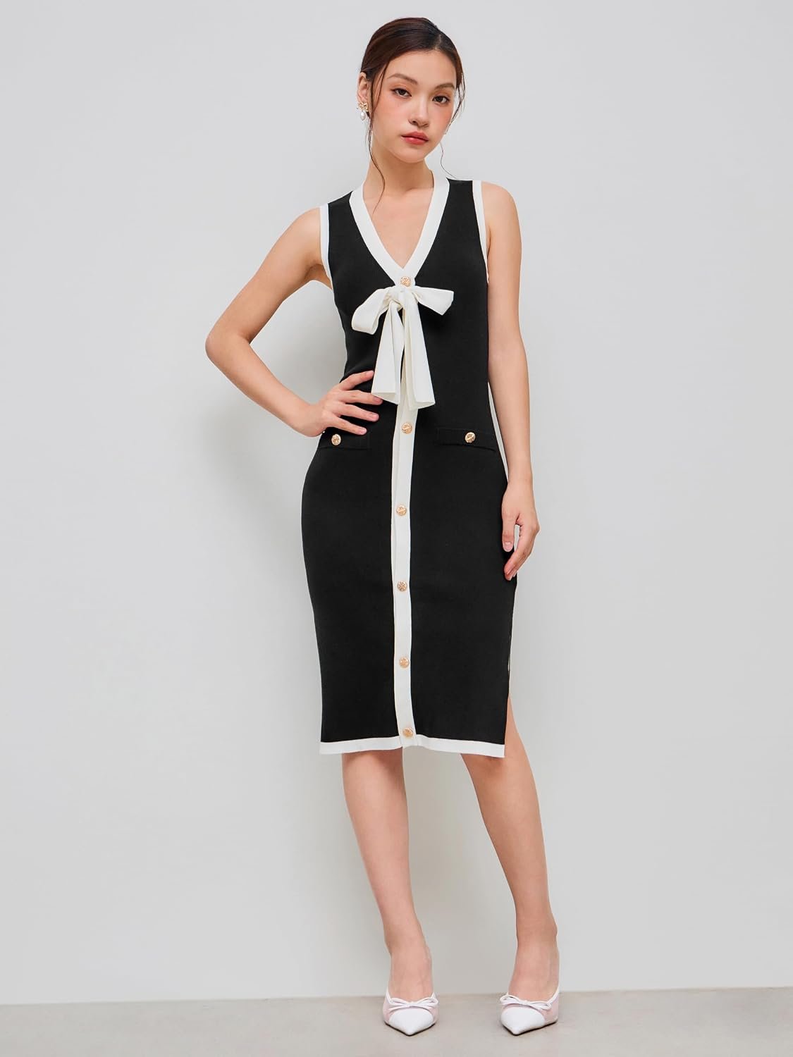 Sweater Dress for Women Knit V Neck Knotted Button Sleeveless Split Hem Midi Dresses Business Casual Outfits - Image 3