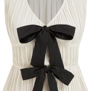 Bow Tie Front Tops Women Sleeveless Pleated Deep V Neck Tank Tops Going Out Casual Blouse Cute Trendy Shirts