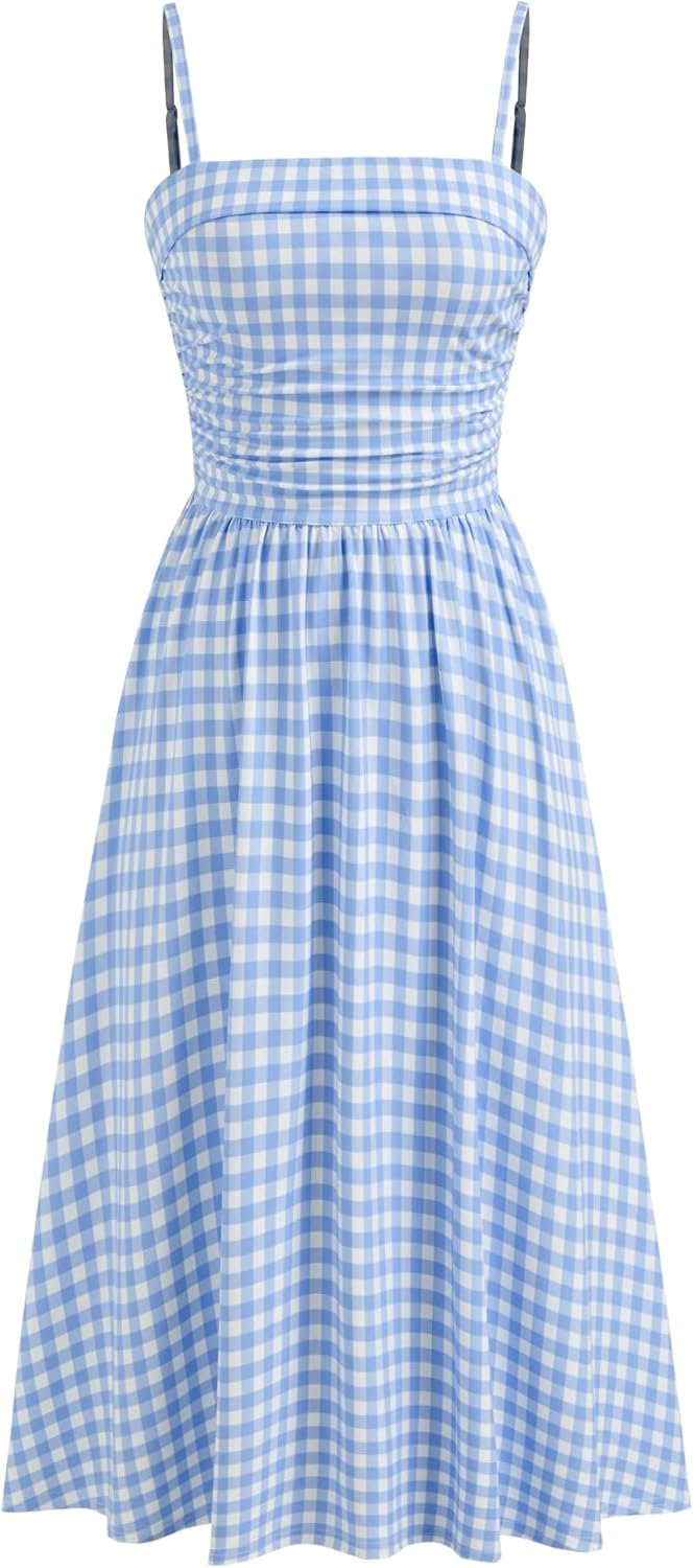 Women's Summer Gingham Midi Dress Sleeveless Ruched Plaid Dress Spaghetti Strap Dresses Casual Trendy