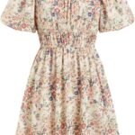 Floral Dress for Women Boho Vacation Smocked Square Neck Puff Sleeve Casual Mini Dress Summer Sundress