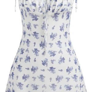 Floral Dress for Women Summer Mini Dress Sundresses Sleeveless Scoop Neck Sun Dresses A-Line Vacation Outfits Blue