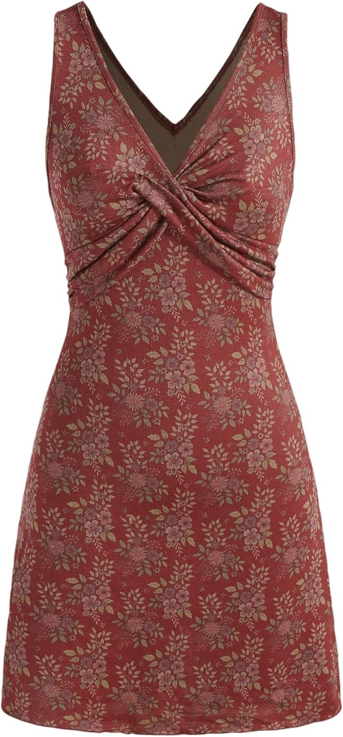 Women Summer Floral Dress V Neck Sleeveless Mini Dresses Casual Cute Short Sundress