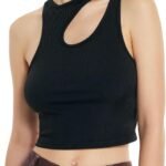 Women's Cut Out Tops Asymmetrical Neck Sleeveless Crop Tank Tops Slim Fitted Ribbed Tee Trendy Y2K Outfits Black
