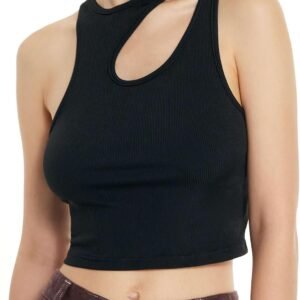 Women's Cut Out Tops Asymmetrical Neck Sleeveless Crop Tank Tops Slim Fitted Ribbed Tee Trendy Y2K Outfits Black