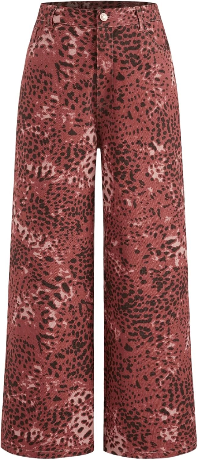 Leopard Pants for Women Wide Leg - Animal Print Jeans Casual Statement