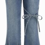 Women's Bow Wide Leg Jeans Mid Waisted Baggy Flare Jeans with Pockets Trendy Denim Pants Y2K