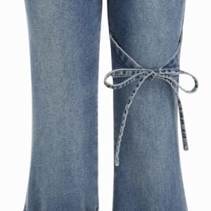 Women's Bow Wide Leg Jeans Mid Waisted Baggy Flare Jeans with Pockets Trendy Denim Pants Y2K