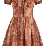 Women's Square Neck Lightweight Puff Short Sleeve Mini Dress Floral Print Tie Front Ruffle Sundress