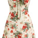 Women's Floral Mini Dress Fruit Sleeveless V Neck Lace Trim Sun Dress A Line Cute Summer Dresses Beach Vacation Outfits