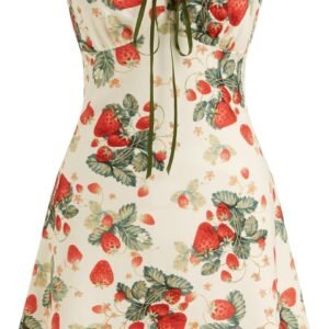 Women's Floral Mini Dress Fruit Sleeveless V Neck Lace Trim Sun Dress A Line Cute Summer Dresses Beach Vacation Outfits