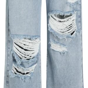 Women\u2019s Ripped Jeans High Waisted Distressed Baggy Pants | Straight Wide Leg, Denim Pants