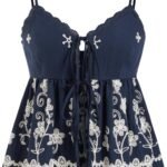Sleeveless Boho Tops for Women Embroidered Lace Spaghetti Strap Crop Cami Top Tie Front Going Out Outfit