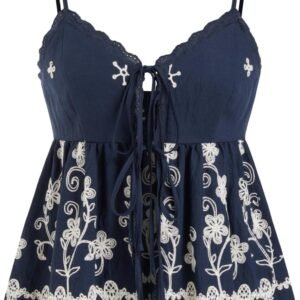 Sleeveless Boho Tops for Women Embroidered Lace Spaghetti Strap Crop Cami Top Tie Front Going Out Outfit