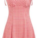 Womens Summer Gingham Dress Plaid Tie Spaghetti Strap Sleeveless Lace Trim Cute A Line Casual Mini Dresses Sundress
