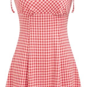 Womens Summer Gingham Dress Plaid Tie Spaghetti Strap Sleeveless Lace Trim Cute A Line Casual Mini Dresses Sundress