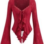 Women Going Out Tops Mesh Lace Y2k Long Sleeve Tie Front Top | Bell Sleeve, Square Neck, Country Concert, Grunge, Club, Party, Western T Shirts