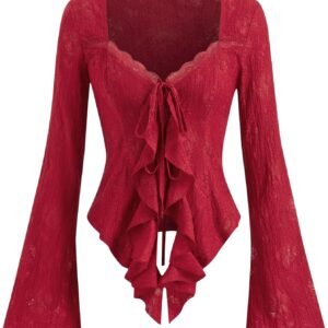 Women Going Out Tops Mesh Lace Y2k Long Sleeve Tie Front Top | Bell Sleeve, Square Neck, Country Concert, Grunge, Club, Party, Western T Shirts