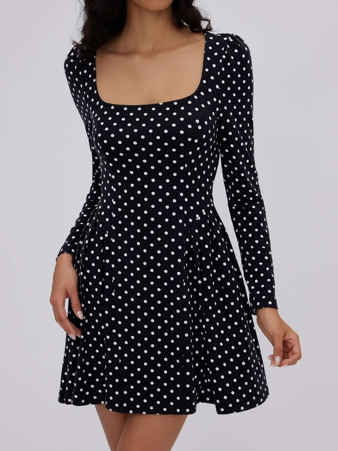 Polka Dot Mini Dress Square Neck - Women Long Sleeve Drop Waist A Line Party - Image 4