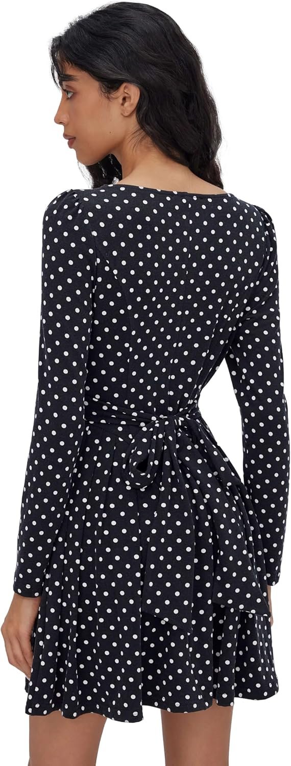 Polka Dot Mini Dress Square Neck - Women Long Sleeve Drop Waist A Line Party - Image 5