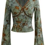 Going Out Tops for Women Floral Print Long Bell Sleeve V Neck Lace Trim Slim Fit Crop Top Fall Trendy