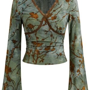 Going Out Tops for Women Floral Print Long Bell Sleeve V Neck Lace Trim Slim Fit Crop Top Fall Trendy