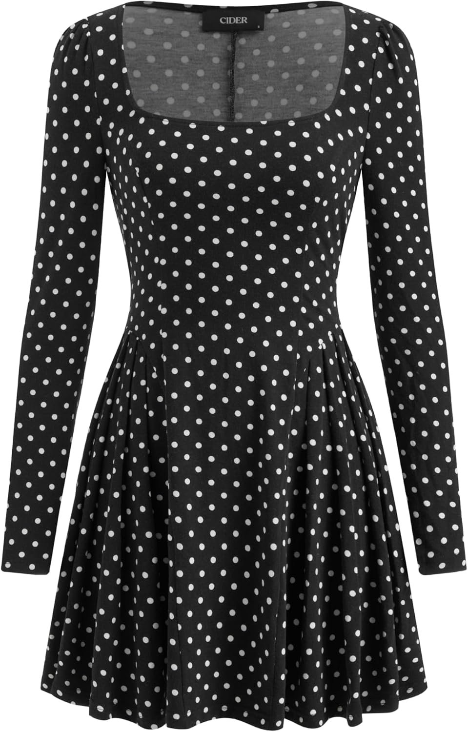 Polka Dot Mini Dress Square Neck - Women Long Sleeve Drop Waist A Line Party