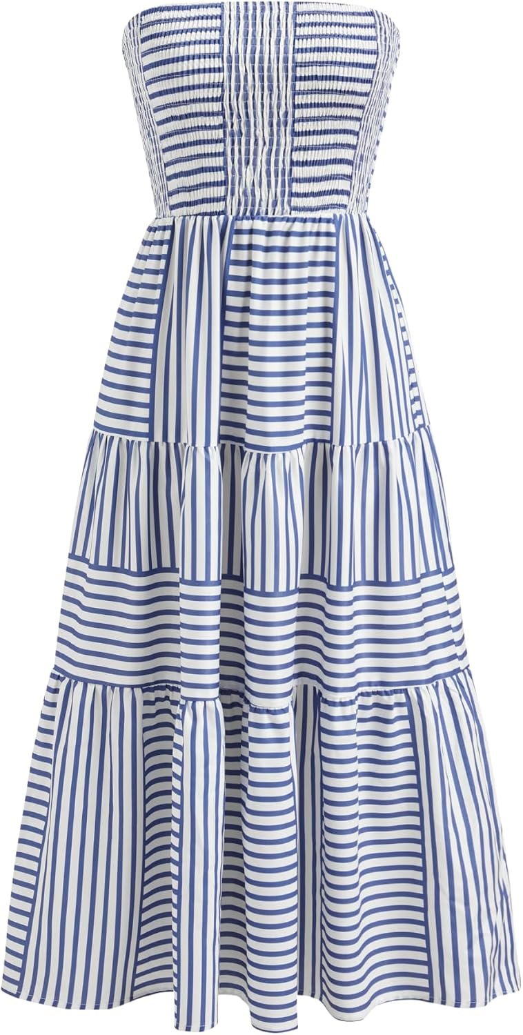 Women's Strapless Dress with Pockets Tube Striped Long Midi Dresses A Line Beach Vacation Casual Summer Outfits
