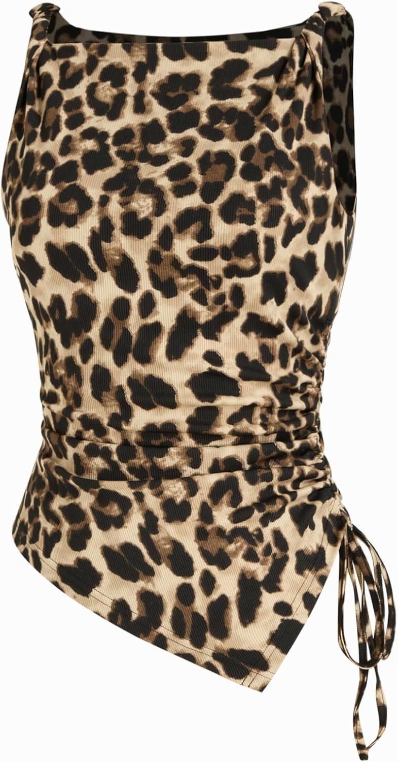 Womens Going Out Tops Ruched Sleevelss Boat Neck Asymmetrical Hem Summer Club Crop Tank Tops - Image 4