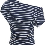 Striped Ruched Off The Shoulder Going Out Tops Cotton Blend for Womens Asymmetrical Neck Short Sleeve Fitted Tops
