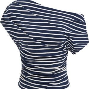 Striped Ruched Off The Shoulder Going Out Tops Cotton Blend for Womens Asymmetrical Neck Short Sleeve Fitted Tops