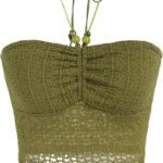Halter Tops for Women Ruched Front - Backless Crop Tank Going Out Handkerchief Hem Knit